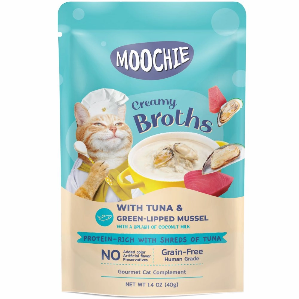 20% OFF: Moochie Creamy Broths With Tuna & Green-Lipped Mussel Grain-Free Pouch Cat Food 40g x 16 cat snacks catnip treats healthy cat food cat reward treats low calorie cat food