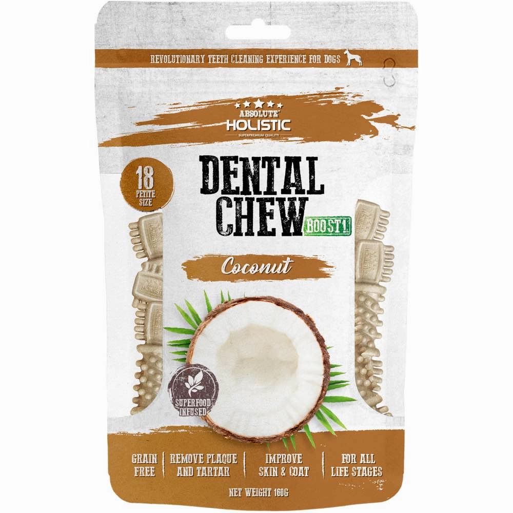 2 FOR $12.80: Absolute Holistic Boost Coconut Petite Grain-Free Dental Dog Chews 160g dog dental snacks,dental bones for dogs,dog oral sticks