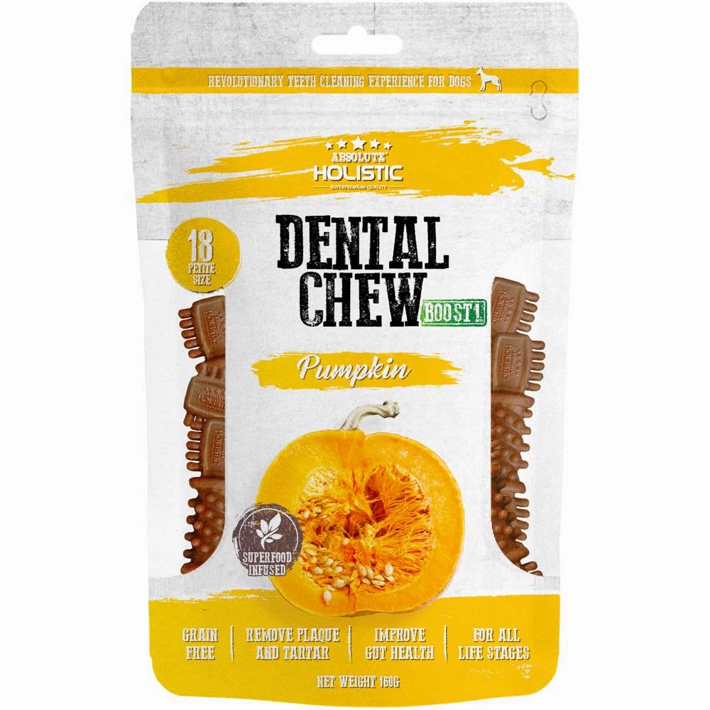 2 FOR $12.80: Absolute Holistic Boost Pumpkin Petite Grain-Free Dental Dog Chews 160g dog dental snacks,dental bones for dogs,dog oral sticks