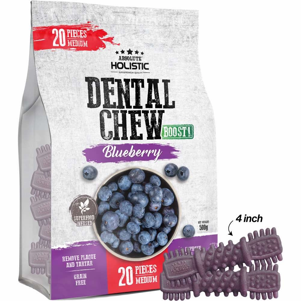 34% OFF: Absolute Holistic Boost Blueberry Medium Grain-Free Dental Dog Chews 20pc dog dental snacks,dental bones for dogs,dog oral sticks