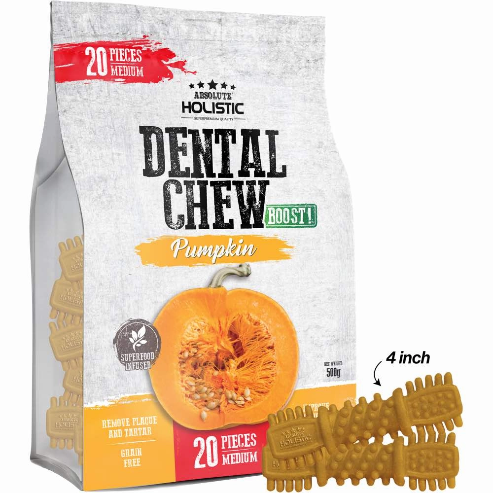 34% OFF: Absolute Holistic Boost Pumpkin Medium Grain-Free Dental Dog Chews 20pc dog dental snacks,dental bones for dogs,dog oral sticks