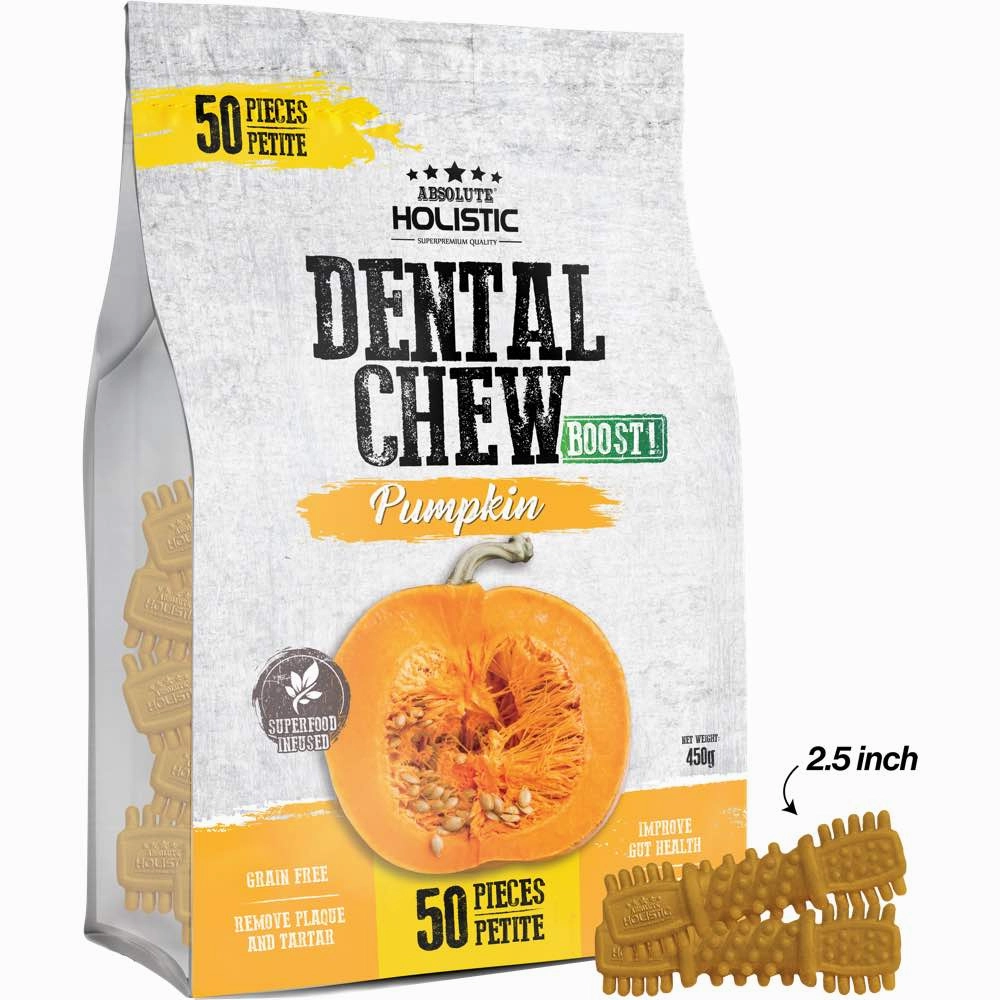 34% OFF: Absolute Holistic Boost Pumpkin Petite Grain-Free Dental Dog Chews 50pc dog dental snacks,dental bones for dogs,dog oral sticks