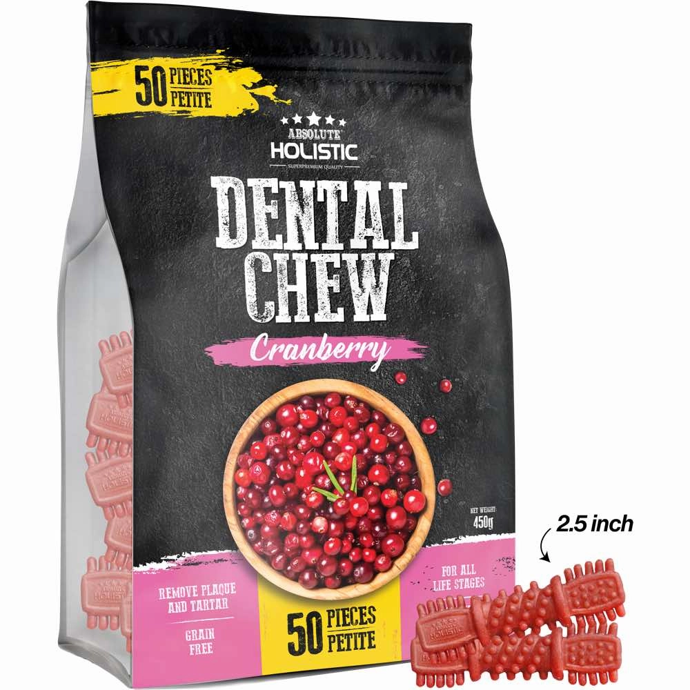 34% OFF: Absolute Holistic Cranberry Petite Grain-Free Dental Dog Chews 50pc dog dental snacks,dental bones for dogs,dog oral sticks