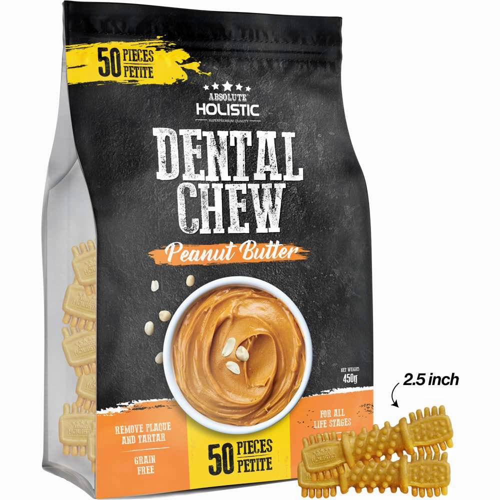 34% OFF: Absolute Holistic Peanut Butter Petite Grain-Free Dental Dog Chews 50pc dog dental snacks,dental bones for dogs,dog oral sticks