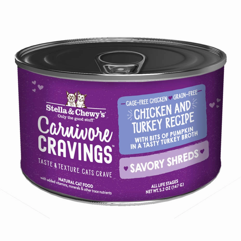 3 FOR $14.40: Stella & Chewy's Carnivore Cravings Savory Shreds Chicken & Turkey in Broth Grain-Free Canned Cat Food 5.2oz cat snacks catnip treats healthy cat food cat reward treats low calorie cat food