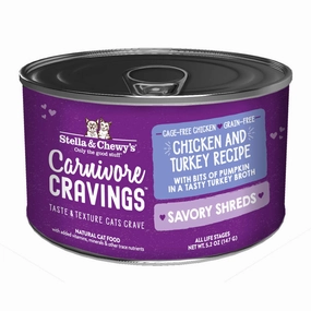 3 FOR $14.40: Stella & Chewy's Carnivore Cravings Savory Shreds Chicken & Turkey in Broth Grain-Free Canned Cat Food 5.2oz cat snacks catnip treats healthy cat food cat reward treats low calorie cat food