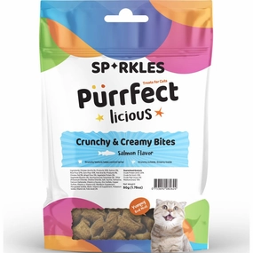 3 FOR $8.80: Sparkles Purrfectlicious Crunchy & Creamy Bites Salmon Cat Treats 50g cat snacks catnip treats healthy cat food cat reward treats low calorie cat food