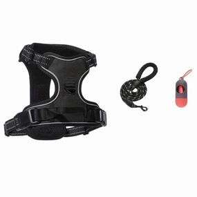 3pc Dog Harness with  Leash & Bag Dispenser (Black) - Medium dog harness and leash,reflective dog collar,pet walking gear