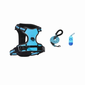 3pc Dog Harness with  Leash & Bag Dispenser (Blue) - Small dog harness and leash,reflective dog collar,pet walking gear