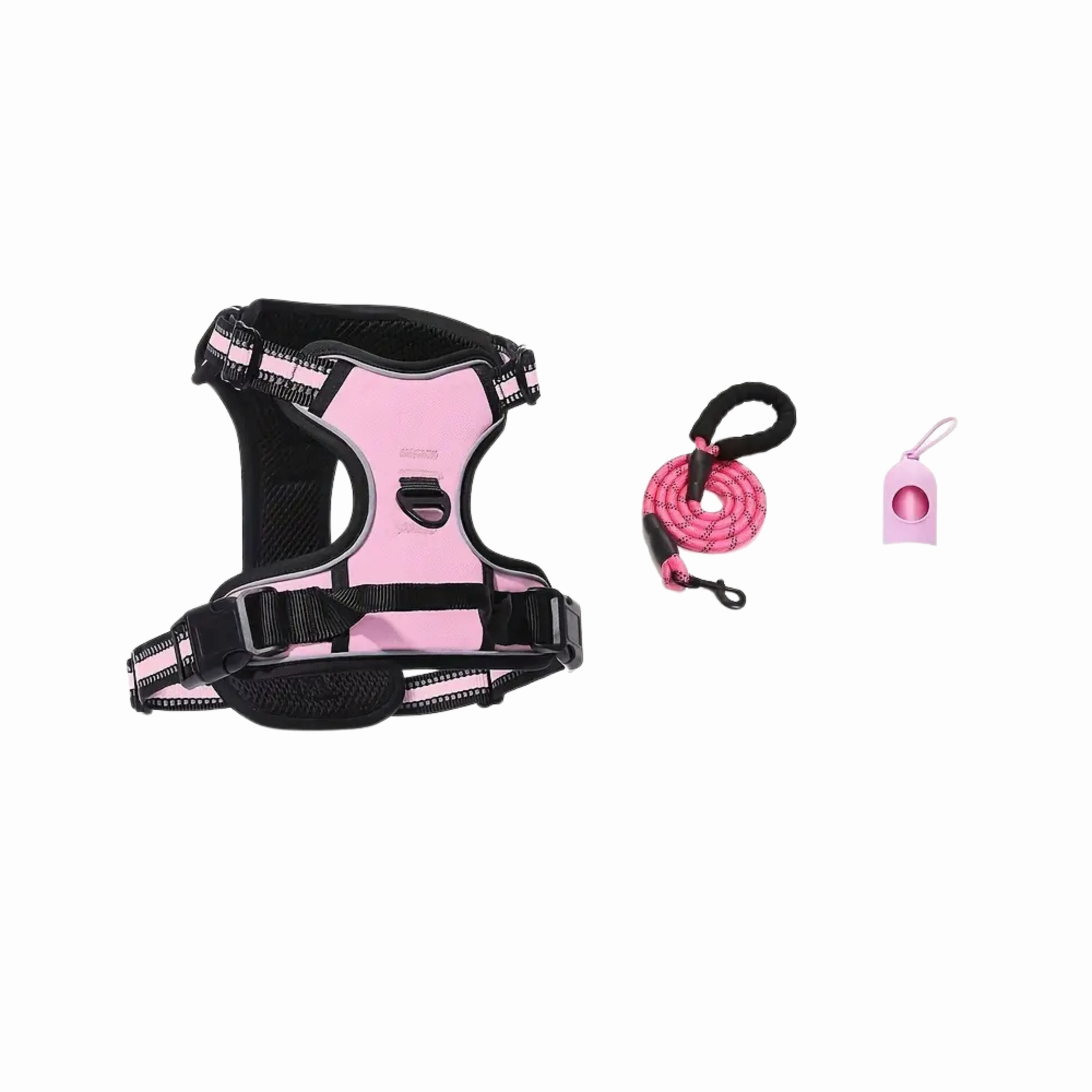 3pc Dog Harness with  Leash & Bag Dispenser (Pink) - Large dog harness and leash,reflective dog collar,pet walking gear
