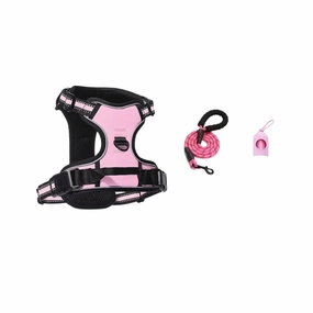 3pc Dog Harness with  Leash & Bag Dispenser (Pink) - Small dog harness and leash,reflective dog collar,pet walking gear