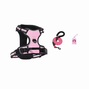 3pc Dog Harness with  Leash & Bag Dispenser (Pink) - XL dog harness and leash,reflective dog collar,pet walking gear