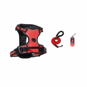 3pc Dog Harness with  Leash & Bag Dispenser (Red) - Large dog harness and leash,reflective dog collar,pet walking gear