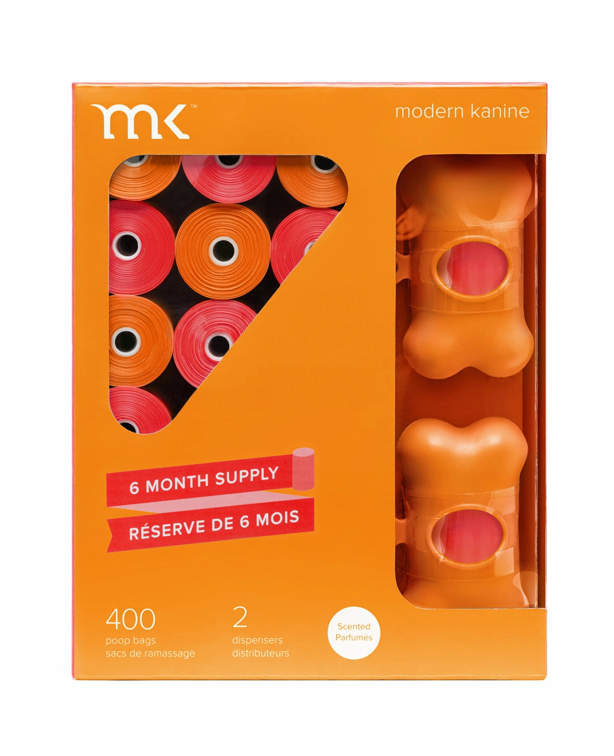 400-Count Modern Kanine Dog Waste Bags, with 20 refill rolls and 2 Dispensers in Orange Coral