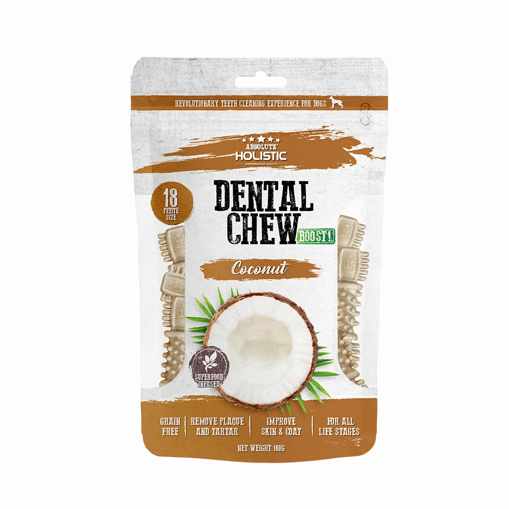 Absolute Holistic Dog Boost Dental Chew Coconut 160g dental dog chews,vet approved chews,teeth cleaning treats