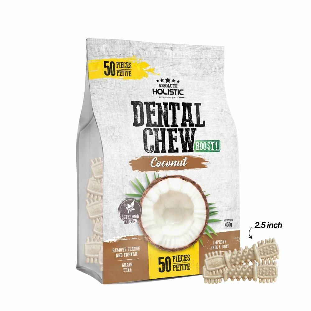 Absolute Holistic Dog Boost Dental Chew Coconut 450g - 50pcs (2.5") dental dog chews,vet approved chews,teeth cleaning treats