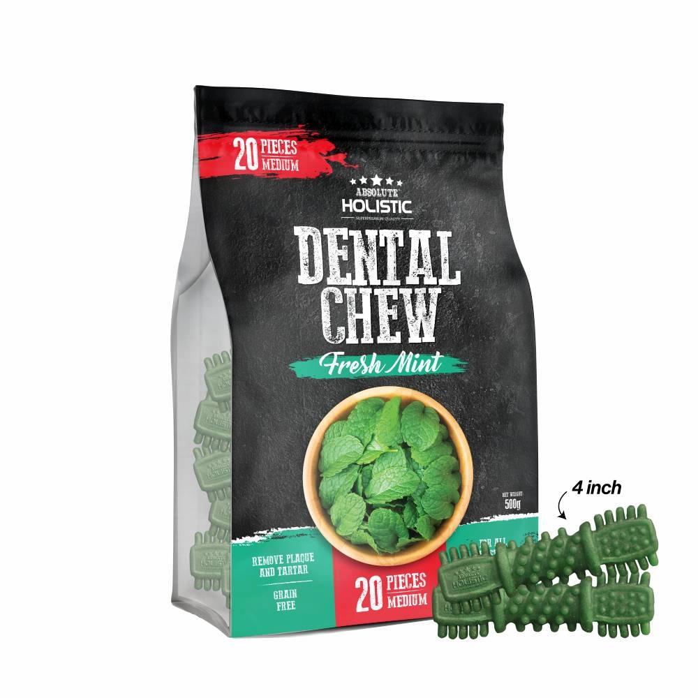 Absolute Holistic Dog Dental Chew Fresh Mint Medium 500g - 20pcs (4") dental dog chews,vet approved chews,teeth cleaning treats