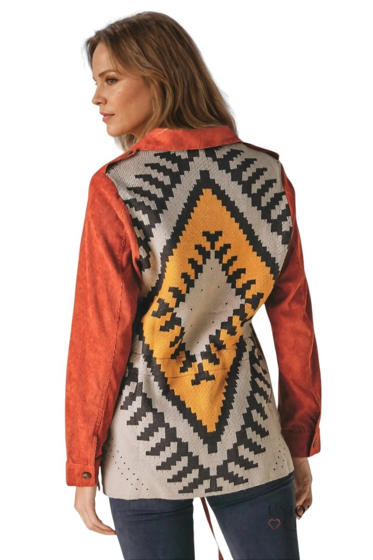 Adina Stone Washed Contrast Ethnic Shacket In Brick