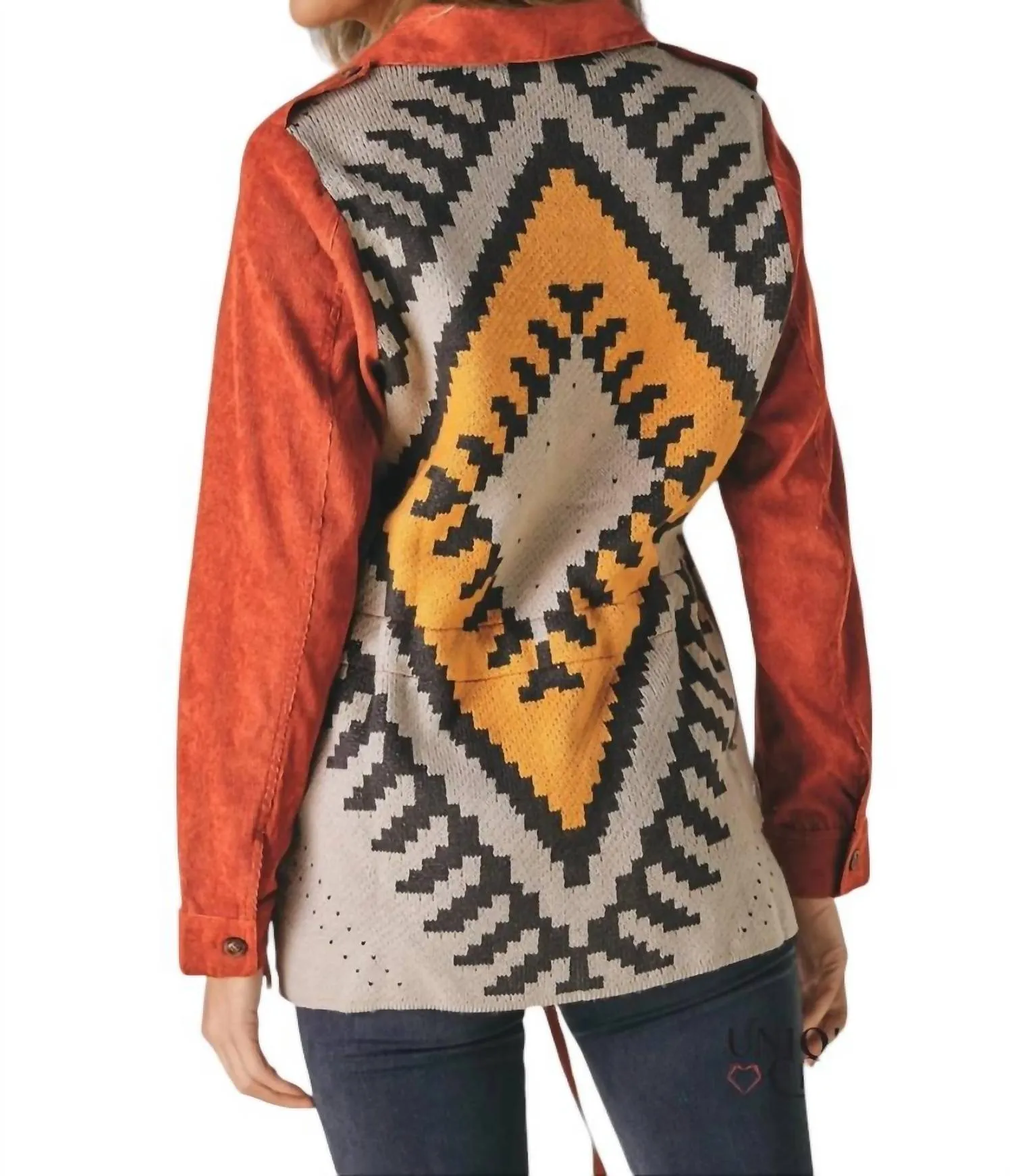 Adina Stone Washed Contrast Ethnic Shacket In Brick