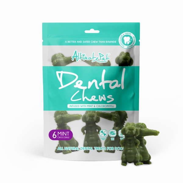 Altimate Pet Dog Dental Chews Infused with Mint & Chlorophyll - Mint Crocodile 6pcs dental dog chews,vet approved chews,teeth cleaning treats