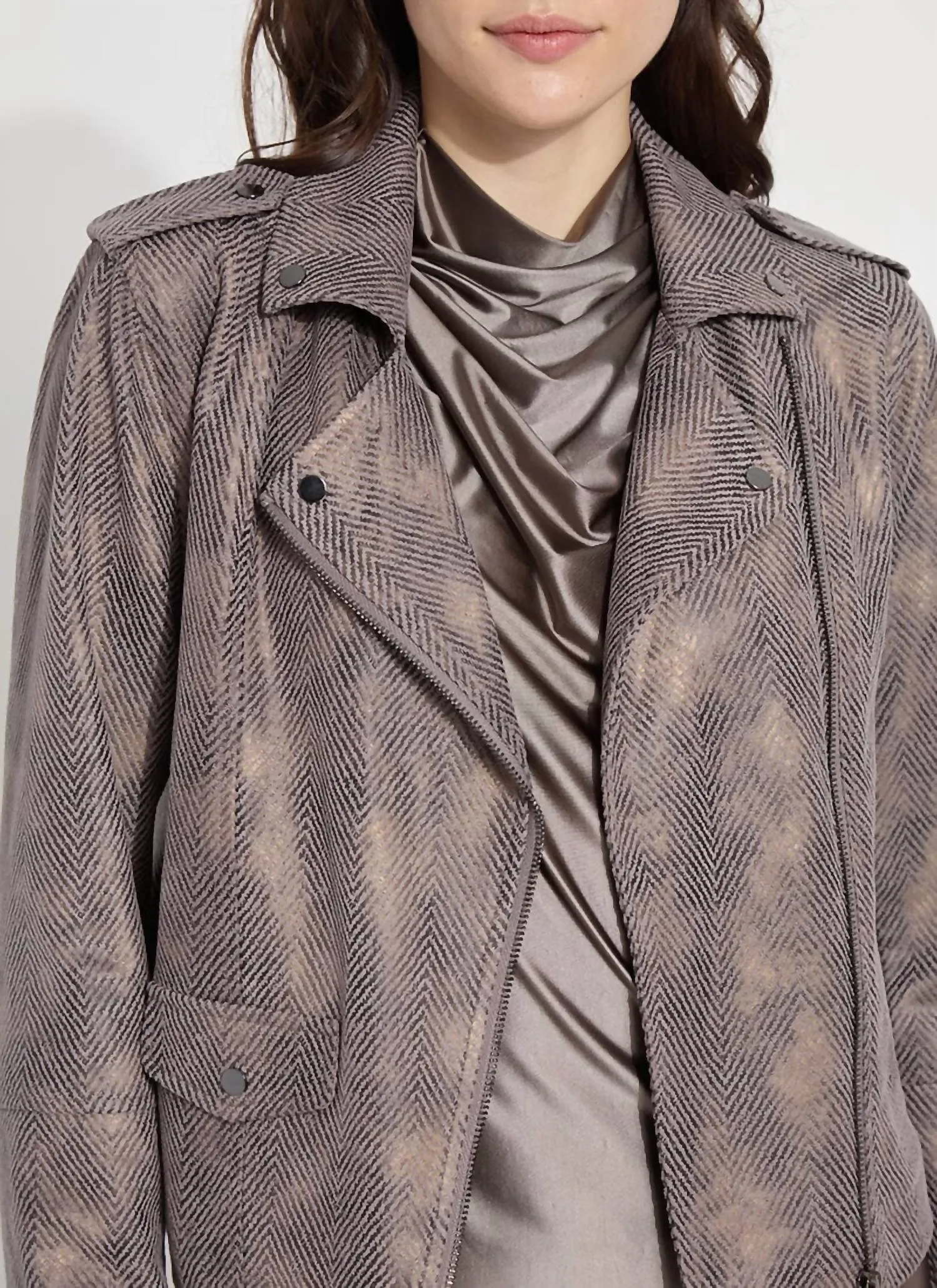 Amelia Printed Vegan Suede Moto Jacket In Copper Chevron