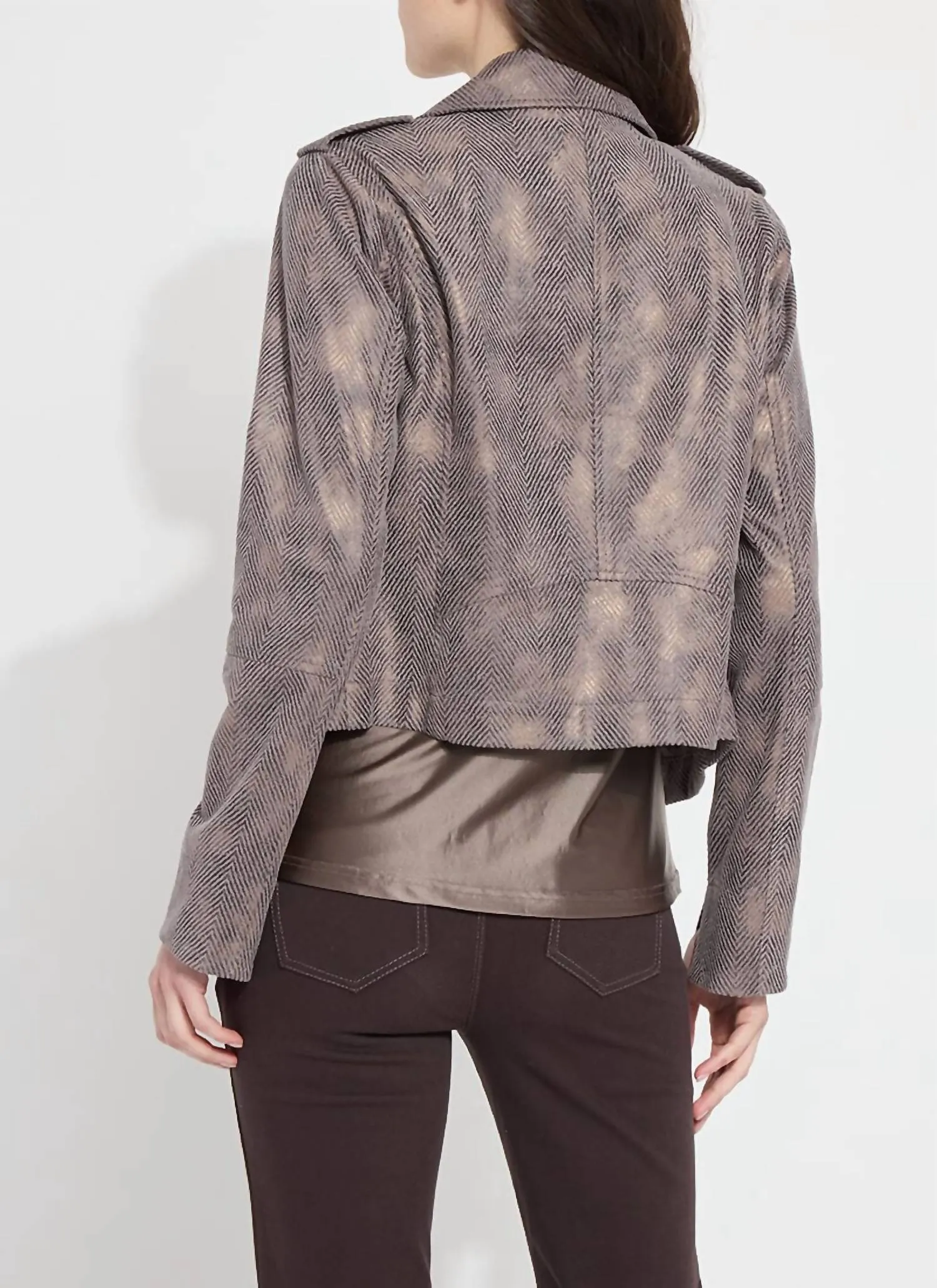 Amelia Printed Vegan Suede Moto Jacket In Copper Chevron