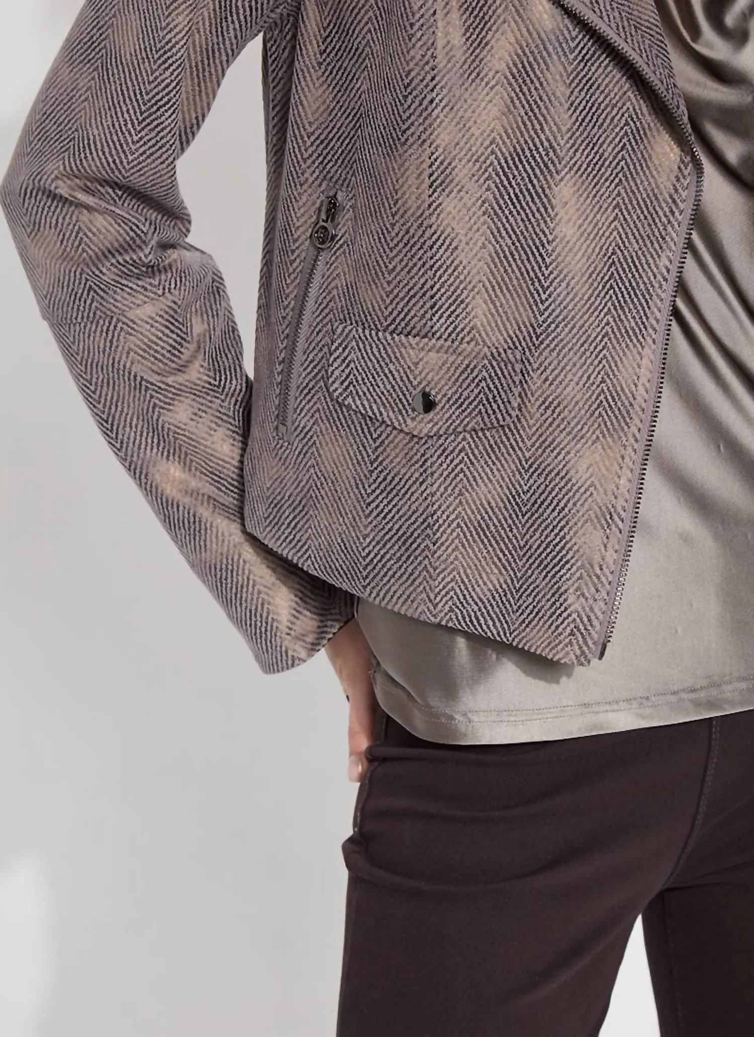 Amelia Printed Vegan Suede Moto Jacket In Copper Chevron