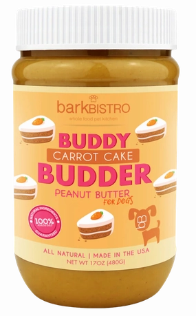 Bark Bistro Carrot Cake Buddy Budder 17oz Jar stainless steel bowl,metal pet feeder,steel water dish