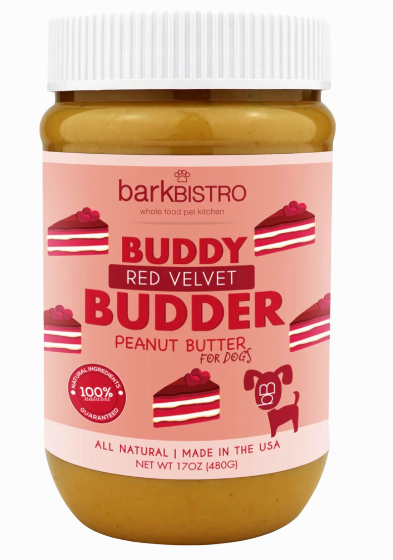 Bark Bistro Red Velvet Buddy Budder 17oz Jar stainless steel bowl,metal pet feeder,steel water dish
