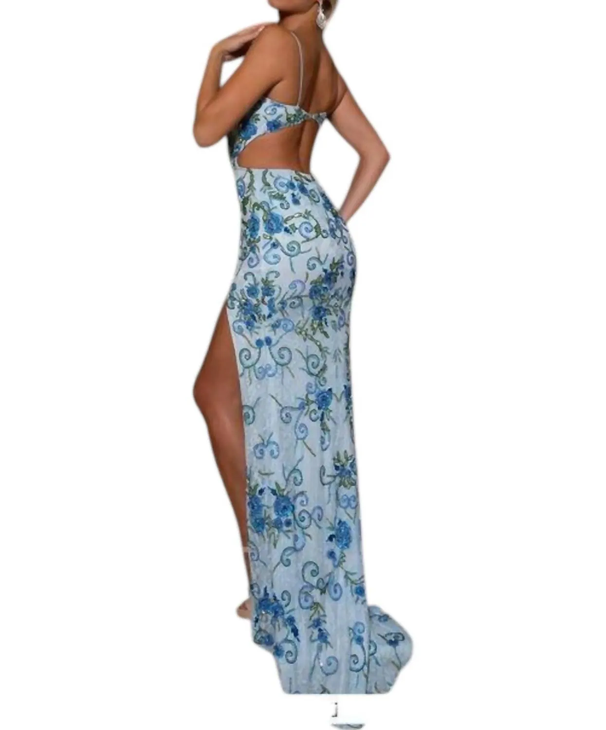 Beaded Sleeveless Slit Gown In Powder Blue Multi
