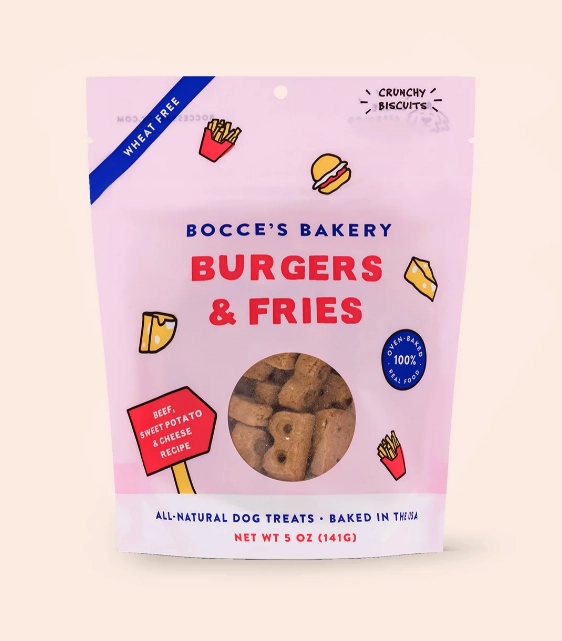 Bocces Limited Edition Crunchy Dog Treats - Burgers & Fries 5oz Bag dog biscuit treats,crunchy dog snacks,dog cookies
