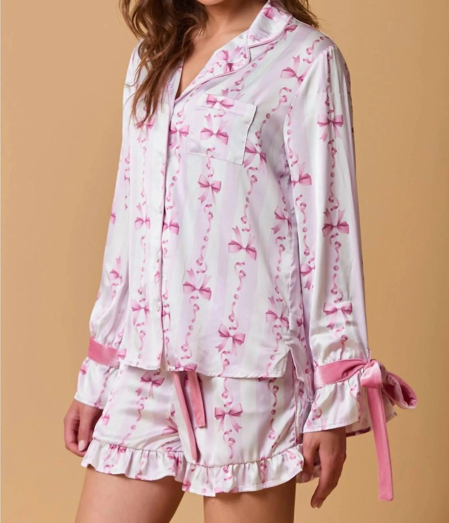 Bow Sleeve Button Down Pajama Top In Pink