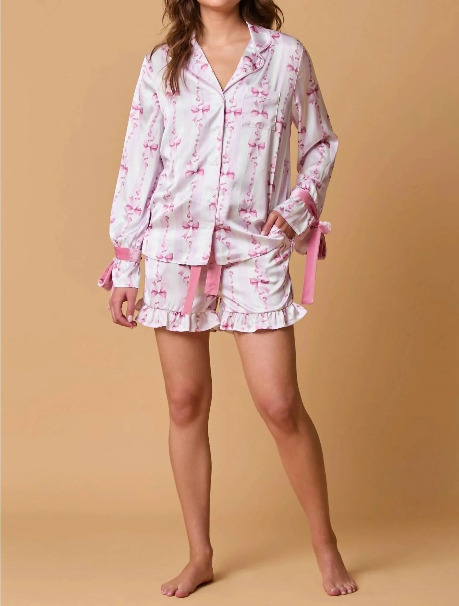 Bow Sleeve Button Down Pajama Top In Pink