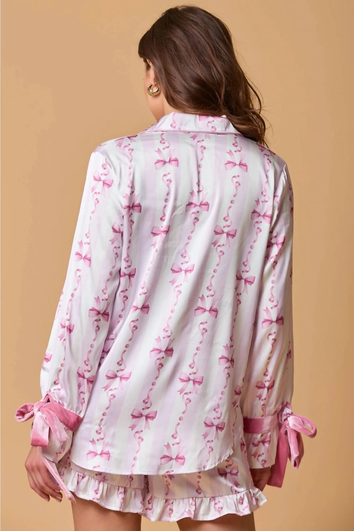 Bow Sleeve Button Down Pajama Top In Pink