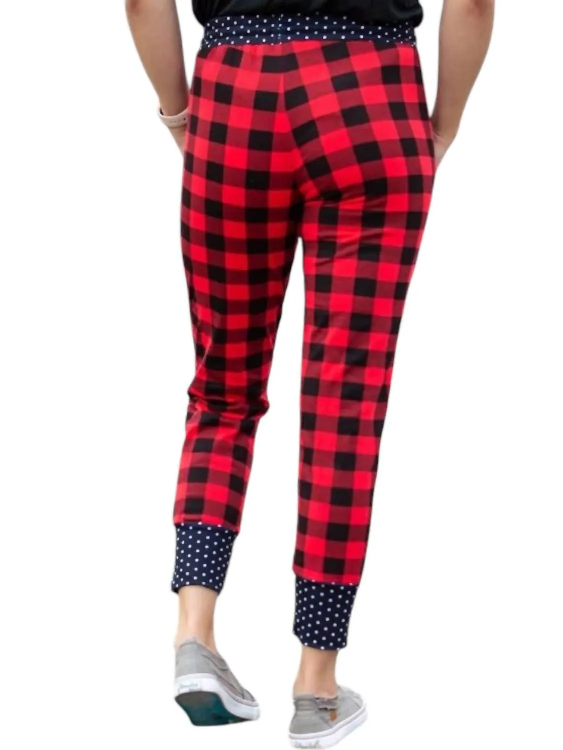 Buffalo Plaid And Polka Joggers In Red/black
