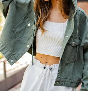 Button Down Cropped Length Jacket In Olive