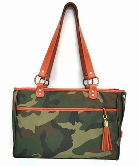 Camouflage Tote - Orange Leather Trim dog travel crate,airline approved dog carrier,dog transport bag