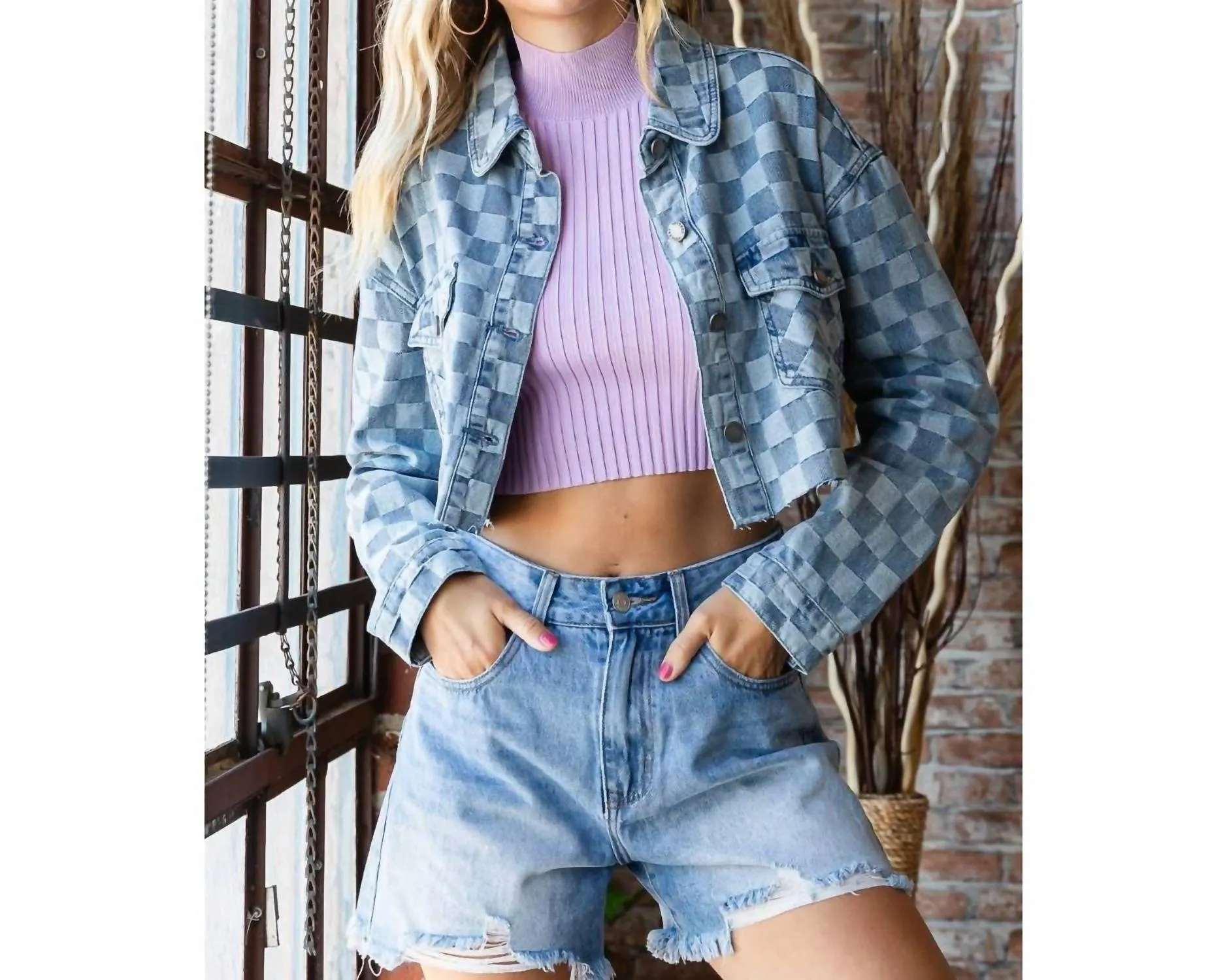 Checkered Print Cutted Hem Cropped Denim Top In Light Denim