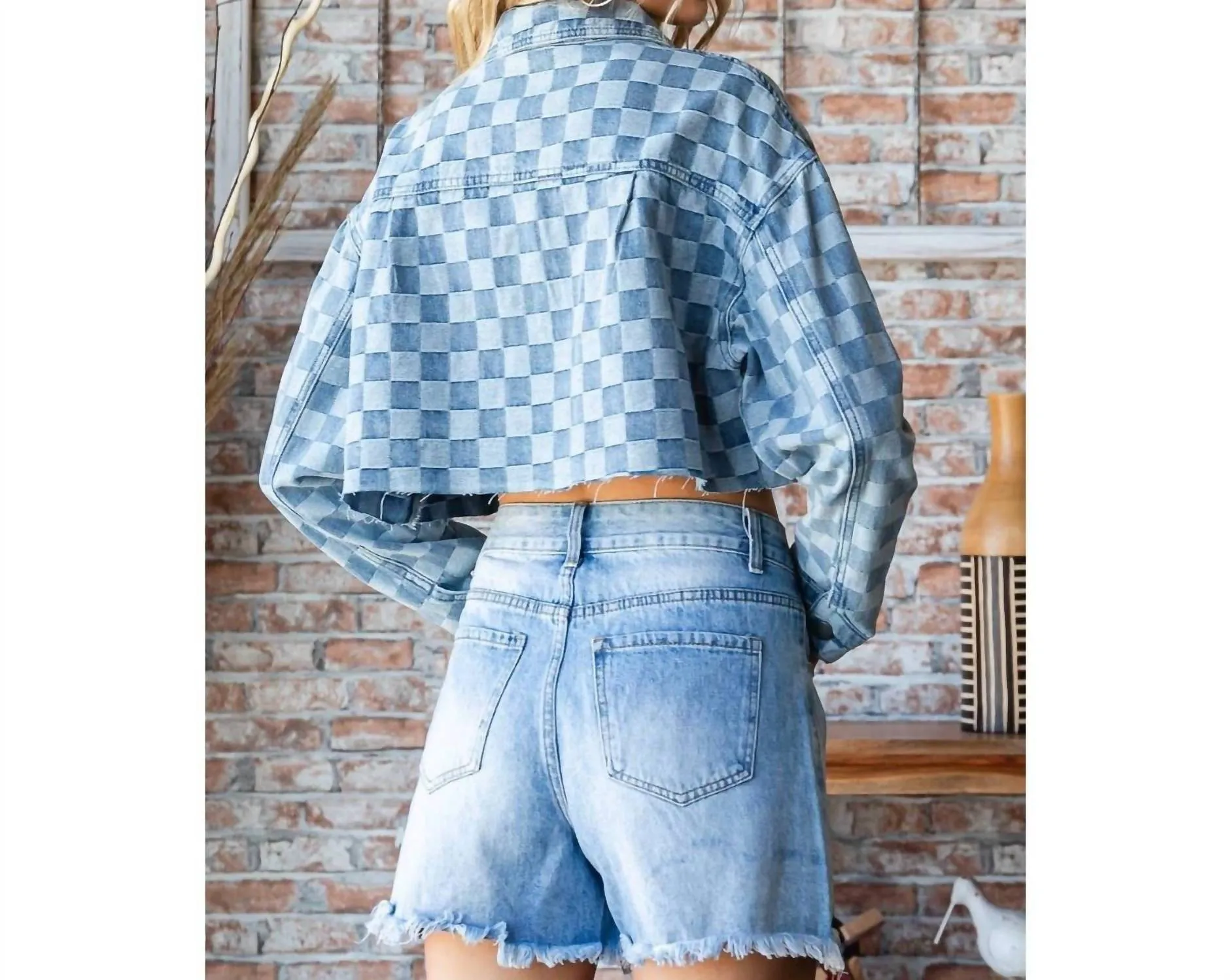 Checkered Print Cutted Hem Cropped Denim Top In Light Denim