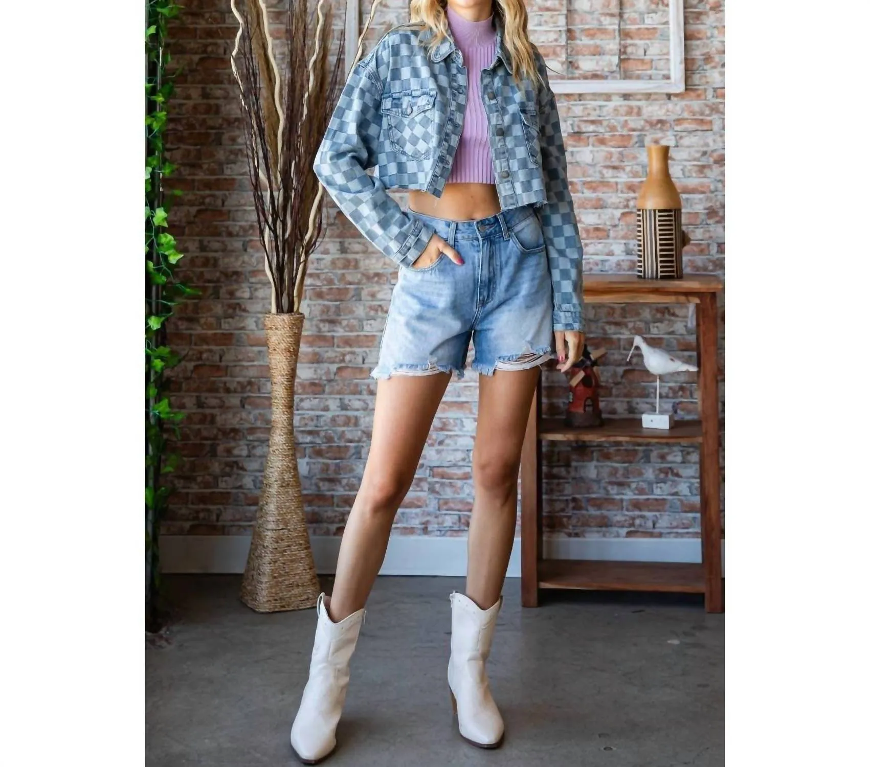 Checkered Print Cutted Hem Cropped Denim Top In Light Denim