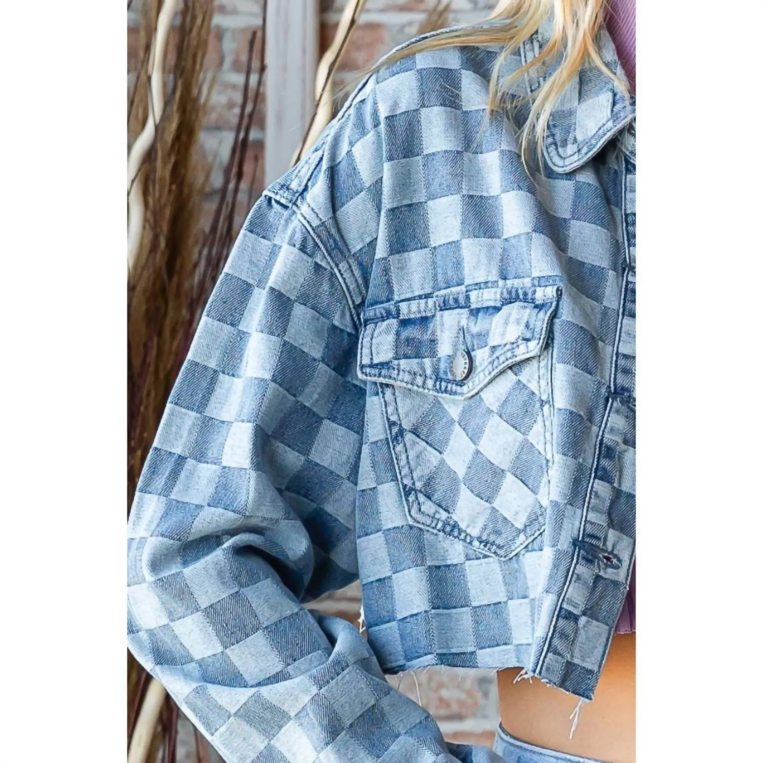 Checkered Print Cutted Hem Cropped Denim Top In Light Denim