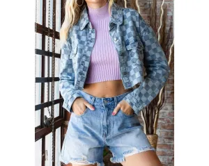Checkered Print Cutted Hem Cropped Denim Top In Light Denim