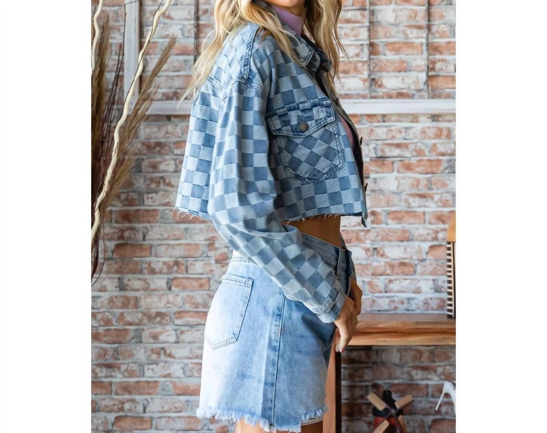 Checkered Print Cutted Hem Cropped Denim Top In Light Denim