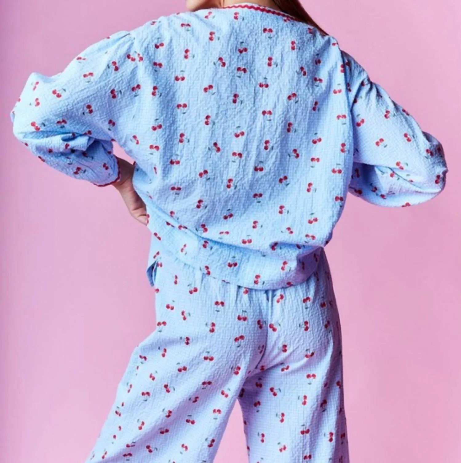 Cherry Heart Pajama Setset In Blue