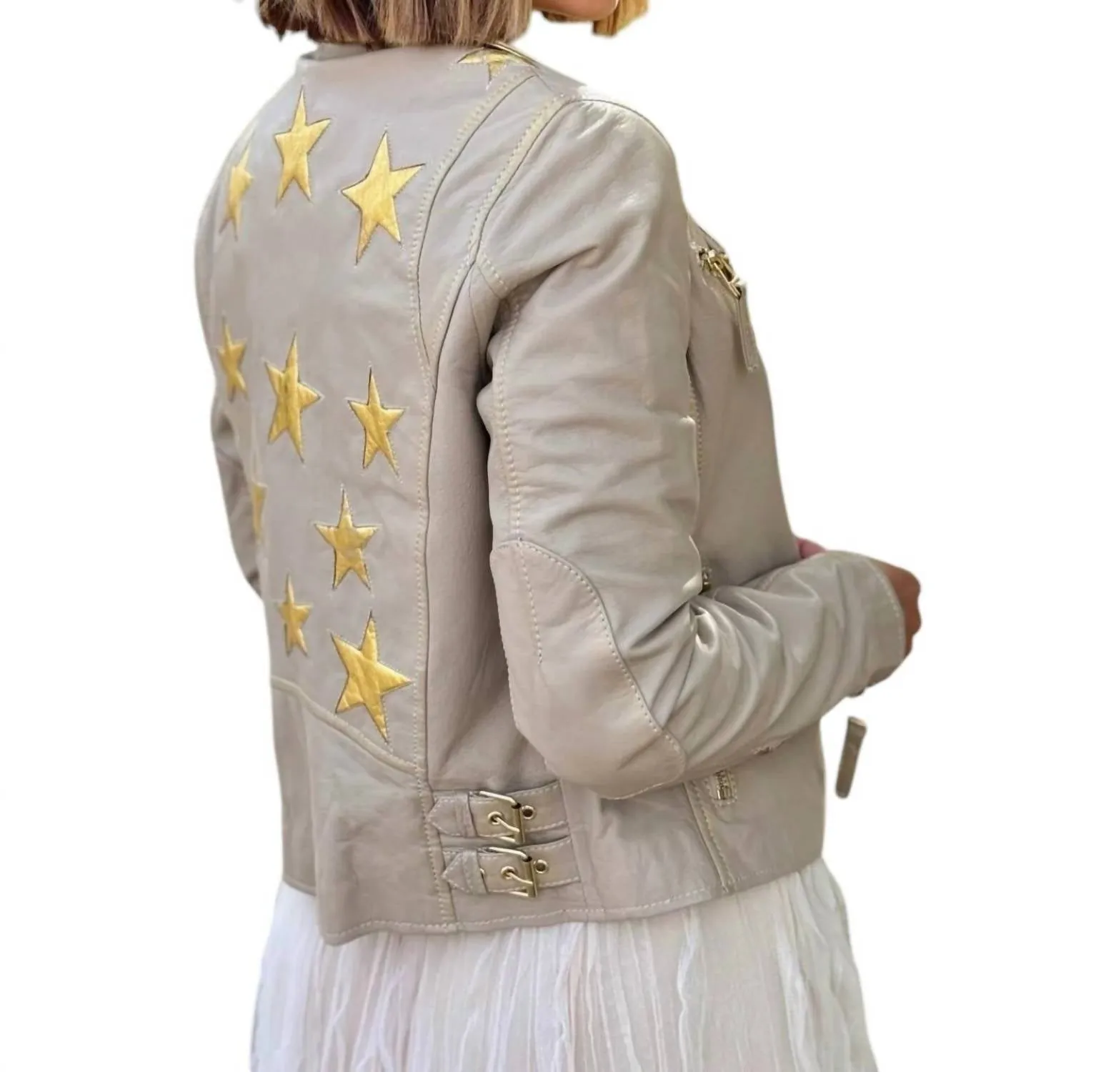 Christy Metallic Leather Jacket In Off White/gold