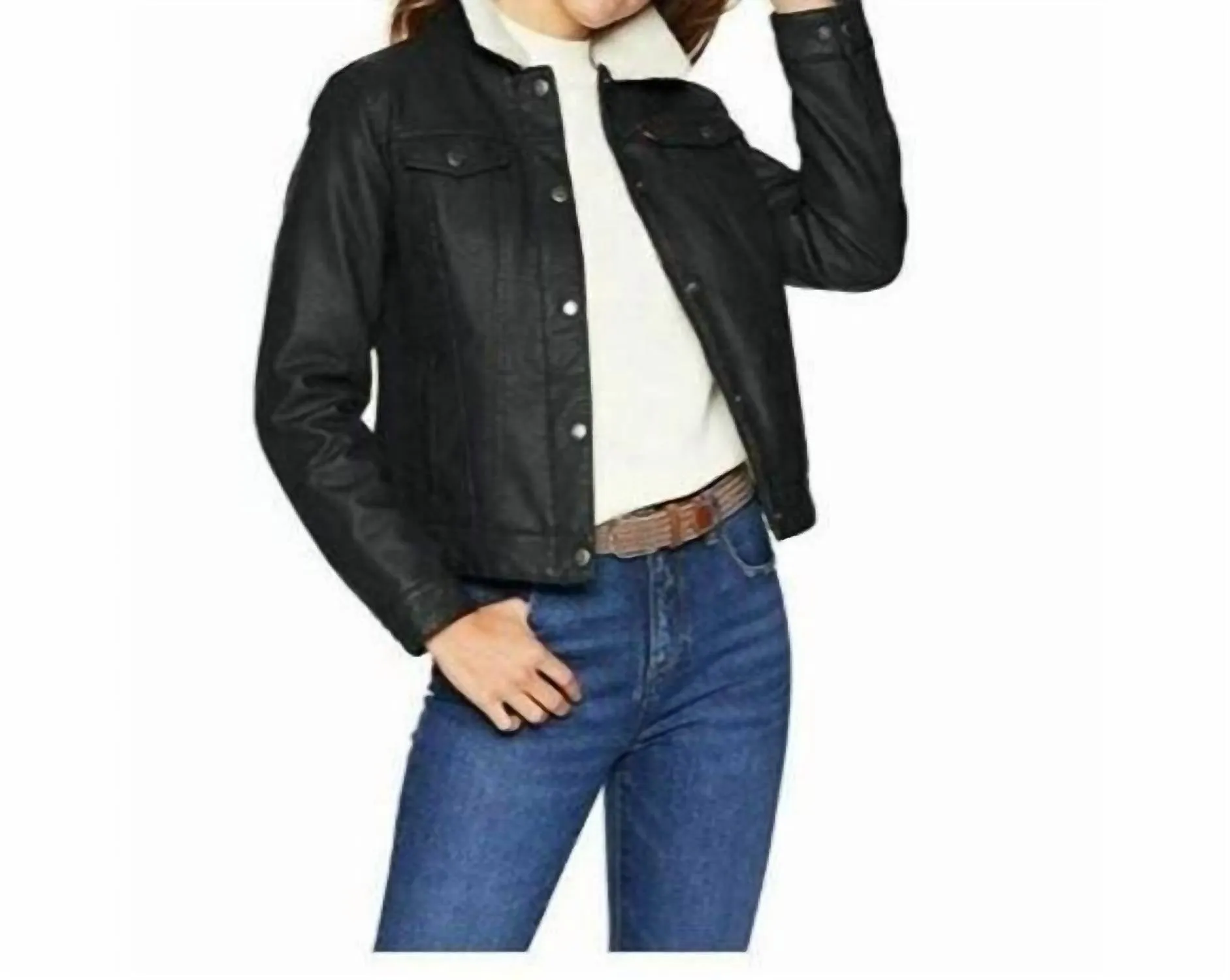 Classic Lined Sherpa Faux Leather Trucker Jacket In Black