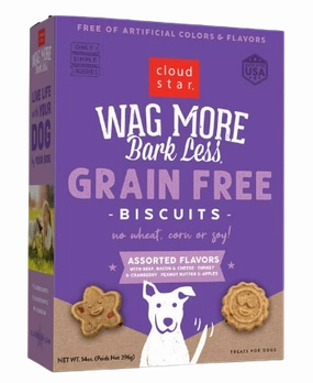 Cloud Star Wag More Bark Less Grain-Free Oven-Baked Biscuits Assorted Flavors 14oz Box dog biscuit treats,crunchy dog snacks,dog cookies