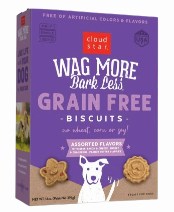 Cloud Star Wag More Bark Less Grain-Free Oven-Baked Biscuits Assorted Flavors 14oz Box dog biscuit treats,crunchy dog snacks,dog cookies