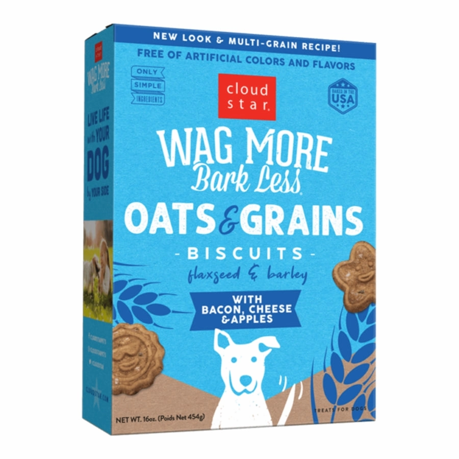 Cloud Star Wag More Bark Less Oats & Grains Biscuits Bacon, Cheese & Apple 16oz Box dog biscuit treats,crunchy dog snacks,dog cookies