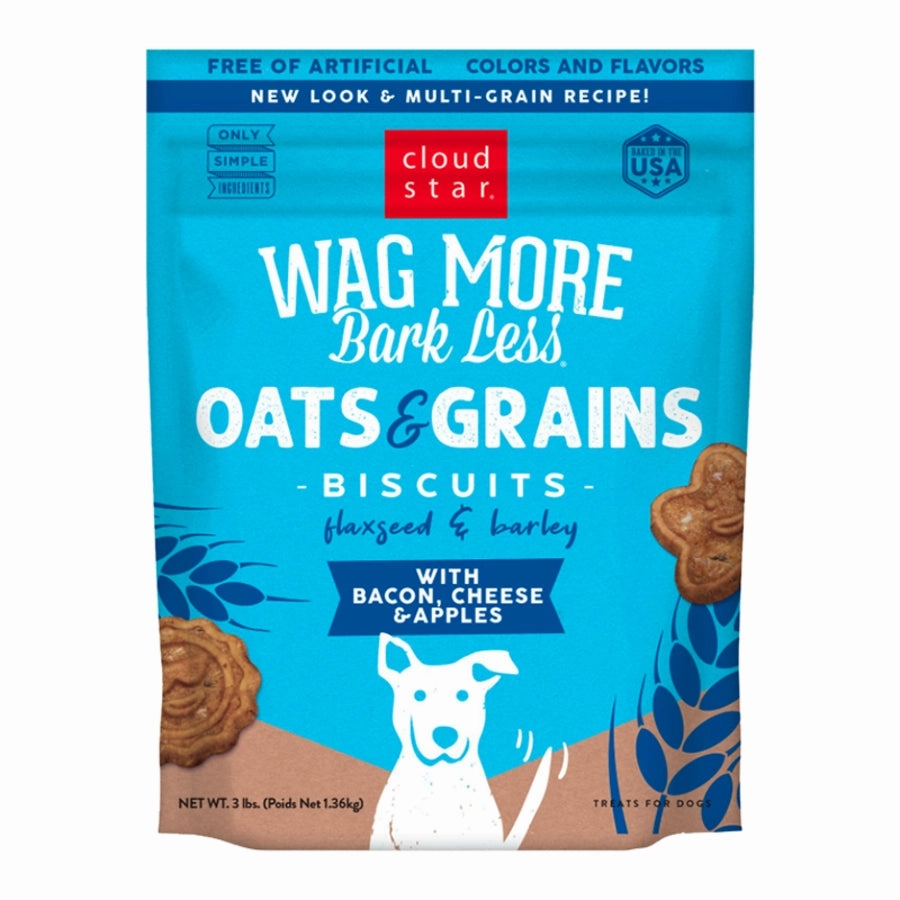 Cloud Star Wag More Bark Less Oats & Grains Biscuits Bacon, Cheese & Apple 3lb Bag dog biscuit treats,crunchy dog snacks,dog cookies